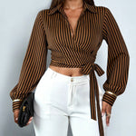 Nadorine Stylish Striped Long Sleeve Wrap Crop Top for Women Casual Work Office Loose Fit 2026 | Under $40