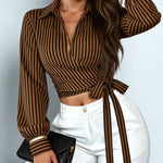 Nadorine Stylish Striped Long Sleeve Wrap Crop Top for Women Casual Work Office Loose Fit 2026 | Under $40