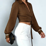 Nadorine Stylish Striped Long Sleeve Wrap Crop Top for Women Casual Work Office Loose Fit 2026 | Under $40