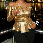Nadorine Shiny Metallic Peplum Off The Shoulder Top for Women Elegant Office Work 2026 | Under $40