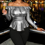 Nadorine Shiny Metallic Peplum Off The Shoulder Top for Women Elegant Office Work 2026 | Under $40