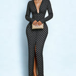 Polka Dot Deep V-Neck Bodycon Maxi Dress