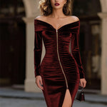 Velvet Off The Shoulder Bodycon Dress