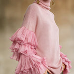 Elegant Turtleneck Ruffle Sleeve Knit Sweater