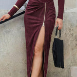 Suede Patchwork High Zipper Slit Maxi Dress