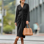 Nadorine Women's Casual Ruched Front Midi Shirt Dress