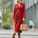 Nadorine Women's Casual Ruched Front Midi Shirt Dress