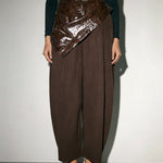 High Waist Leather Patchwork Barrel Leg Pants