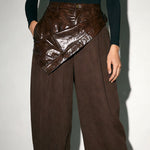High Waist Leather Patchwork Barrel Leg Pants