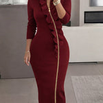 Elegant Ruffle Trim Two-Way Zip Bodycon Dress