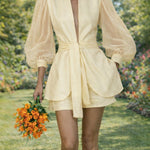 Nadorine Women's Chic Romantic Sheer Puff Sleeve Blouse Shorts Set