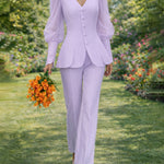 Nadorine Women's Chic Sheer Puff Sleeve Blouse Pants Suit Set