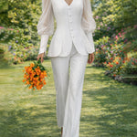 Nadorine Women's Chic Sheer Puff Sleeve Blouse Pants Suit Set