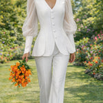 Nadorine Women's Chic Sheer Puff Sleeve Blouse Pants Suit Set