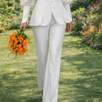 Nadorine Women's Chic Sheer Puff Sleeve Blouse Pants Suit Set