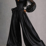Luxury Sheer Sleeve Satin Blouse Wide Leg Pants