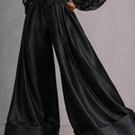 Luxury Sheer Sleeve Satin Blouse Wide Leg Pants