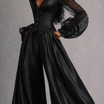Luxury Sheer Sleeve Satin Blouse Wide Leg Pants