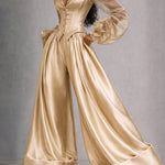 Luxury Sheer Sleeve Satin Blouse Wide Leg Pants