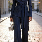 Semi Formal Pinstripe Tie Waist Blazer Pants Set