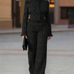 Stylish Ruffle Trim Tweed Top and Pants Set