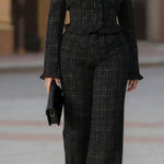 Stylish Ruffle Trim Tweed Top and Pants Set