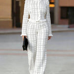 Stylish Ruffle Trim Tweed Top and Pants Set