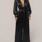 Elegant Satin Puff Sleeves Blouse Wide Leg Pants Set