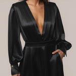 Elegant Satin Puff Sleeves Blouse Wide Leg Pants Set