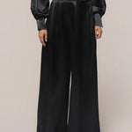 Elegant Satin Puff Sleeves Blouse Wide Leg Pants Set