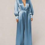 Elegant Satin Puff Sleeves Blouse Wide Leg Pants Set