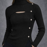 Fashion Hollow Out Front Asymmetrical Design Knit Turtleneck Top