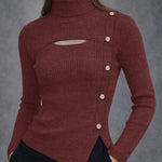 Fashion Hollow Out Front Asymmetrical Design Knit Turtleneck Top