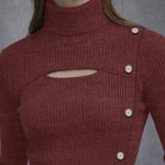 Fashion Hollow Out Front Asymmetrical Design Knit Turtleneck Top