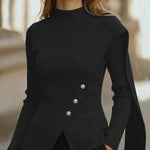 Elegant Mock Neck Button Accent Slit Hem Knit Top