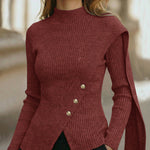 Elegant Mock Neck Button Accent Slit Hem Knit Top