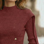 Elegant Mock Neck Button Accent Slit Hem Knit Top