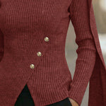 Elegant Mock Neck Button Accent Slit Hem Knit Top