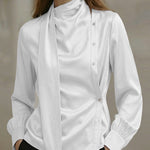 Nadorine Glossy Ribbon Design Slant Closure Blouse for Women Casual Work Office Loose Fit 2026 | Under $40