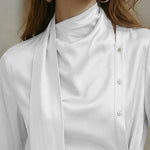 Nadorine Glossy Ribbon Design Slant Closure Blouse for Women Casual Work Office Loose Fit 2026 | Under $40