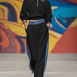 Soft Contrast Denim Panel Tracksuit Set