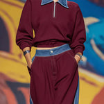 Soft Contrast Denim Panel Tracksuit Set