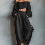 Fashion Cotton Linen Off-the-Shoulder Top and Pants Set