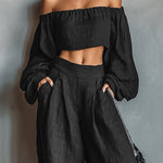 Fashion Cotton Linen Off-the-Shoulder Top and Pants Set