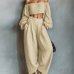 Fashion Cotton Linen Off-the-Shoulder Top and Pants Set