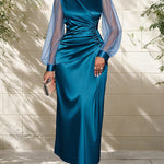 Nadorine Women's Classic Satin Mesh Sleeve Ruched Maxi Wrap Dress