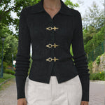 Minimalist Style Metal Buckle Ribbed Cardigan