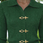 Minimalist Style Metal Buckle Ribbed Cardigan