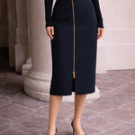 High Waist Zip-Front Pencil Skirt with Wide Belt