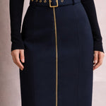 High Waist Zip-Front Pencil Skirt with Wide Belt